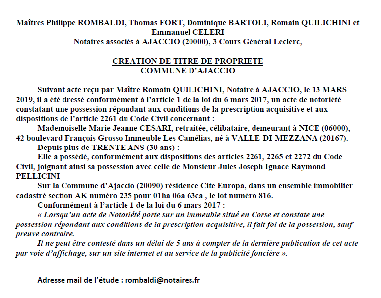 Avis de création de titre de propriété - commune d'Ajaccio (Corse-du-Sud)