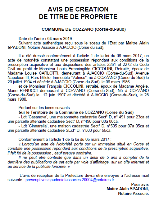 Avis de création de titre de propriété - commune de Cozzano (Corse-du-Sud)