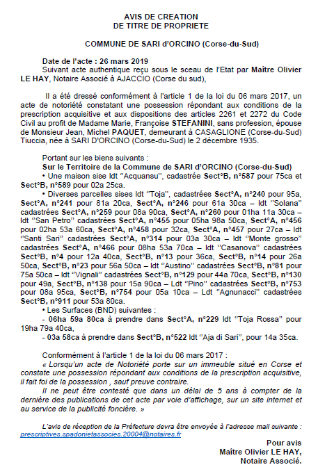 Avis de création de titre de propriété - commune de Sari d'Orcino (Corse-du-Sud)