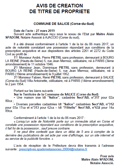 Avis de création de titre de propriété - commune de Salice (Corse-du-Sud)