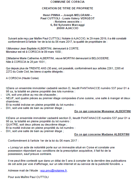 Avis de création de titre de propriété - commune de Corscia (Haute-Corse)