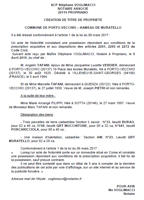 Avis de création de titre de propriété - commune de Porto-Vecchio (Corse-du-Sud)