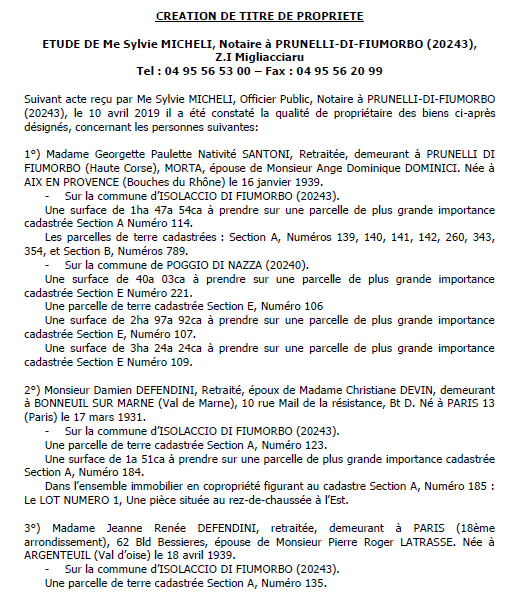 Avis de création de titre de propriété - commune de Prunelli-di-Fiumorbu (Haute-Corse)