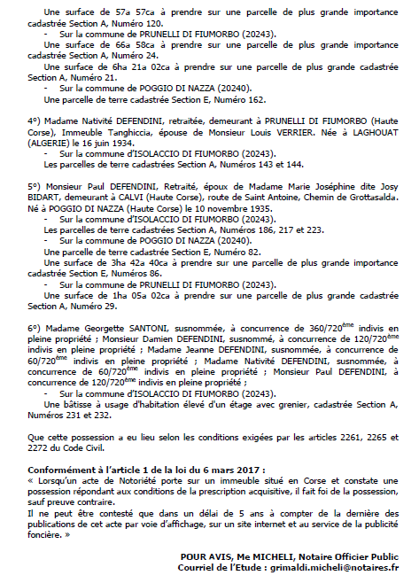 Avis de création de titre de propriété - commune de Prunelli-di-Fiumorbu (Haute-Corse)