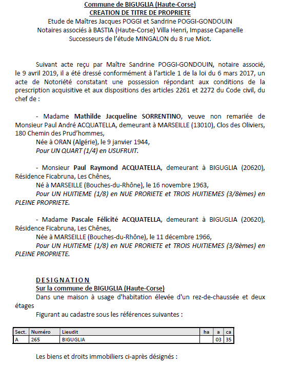 Avis de création de titre de propriété - commune de Biguglia (Haute-Corse)