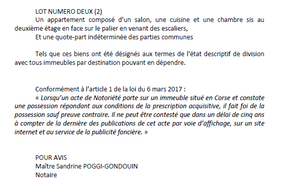 Avis de création de titre de propriété - commune de Biguglia (Haute-Corse)