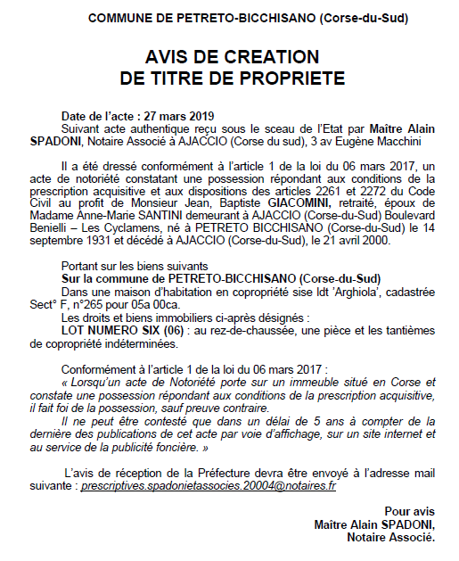 Avis de création de titre de propriété - commune de Petreto-Bicchisano (Corse-du-Sud)