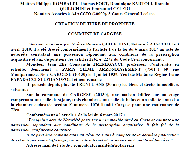 Avis de création de titre de propriété - commune de Cargese (Corse-du-Sud) Avis de création de titre de propriété - commune de Cargese (Corse-du-Sud)