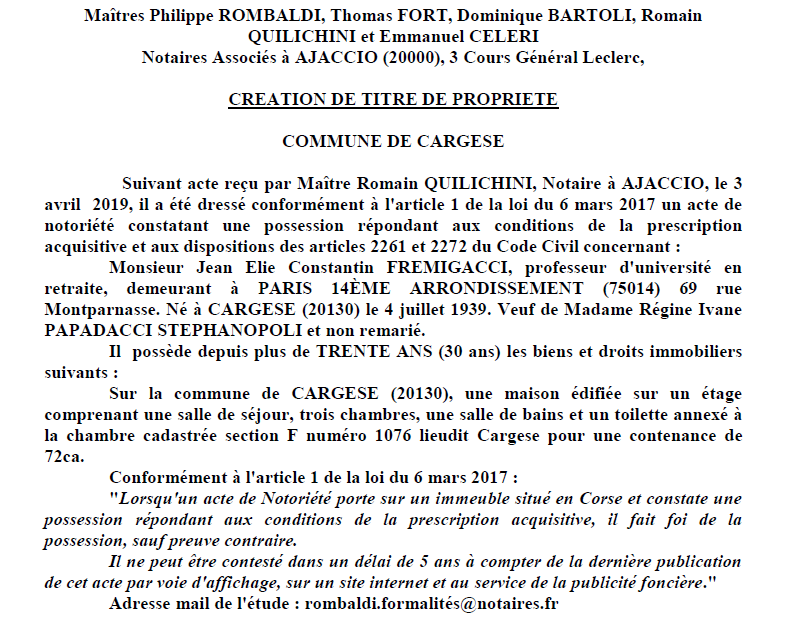 Avis de création de titre de propriété - commune de Cargese (Corse-du-Sud)