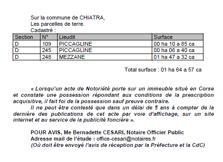 Avis de création de titre de propriété - commune de Ortale et Chiatra (Haute-Corse)