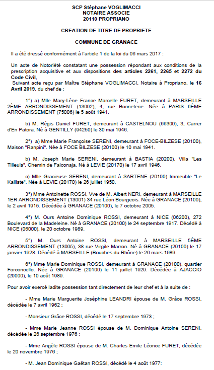 Avis de création de titre de propriété - commune de Granace (Corse-du-Sud)