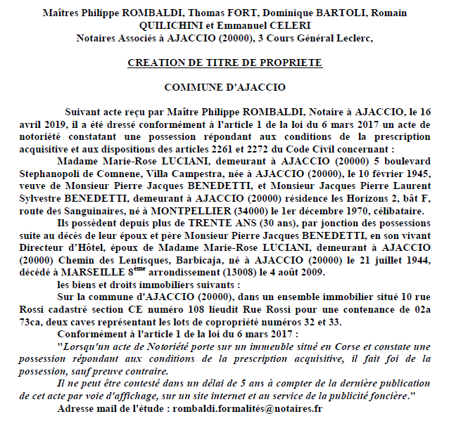 Avis de création de titre de propriété - commune d'Ajaccio (Corse-du-Sud)