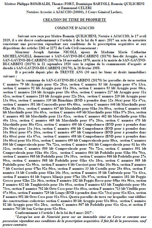 Avis de création de titre de propriété - commune d'Ajaccio (Corse-du-Sud)