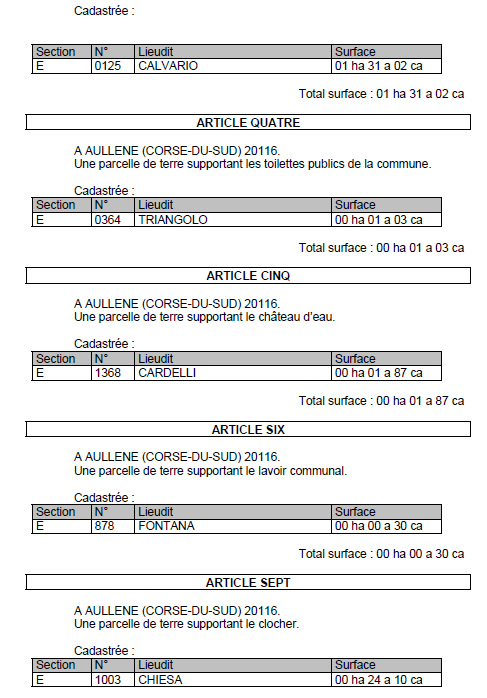 Avis de création de titre de propriété - commune d'Aullène (Corse-du-Sud)