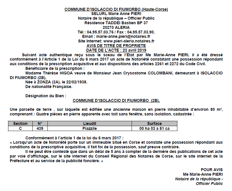 Avis de création de titre de propriété - commune d'Isolaccio di Fiumorbo (Haute-Corse)