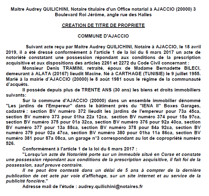 Avis de création de titre de propriété - commune d'Ajaccio (Corse-du-Sud)