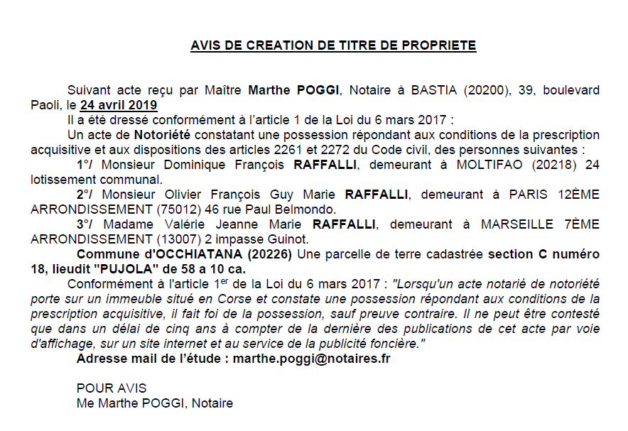 Avis de création de titre de propriété - commune d'Occhiatana (Haute-Corse)