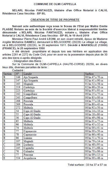 Avis de création de titre de propriété - commune de Zerubia (Corse-du-Sud)