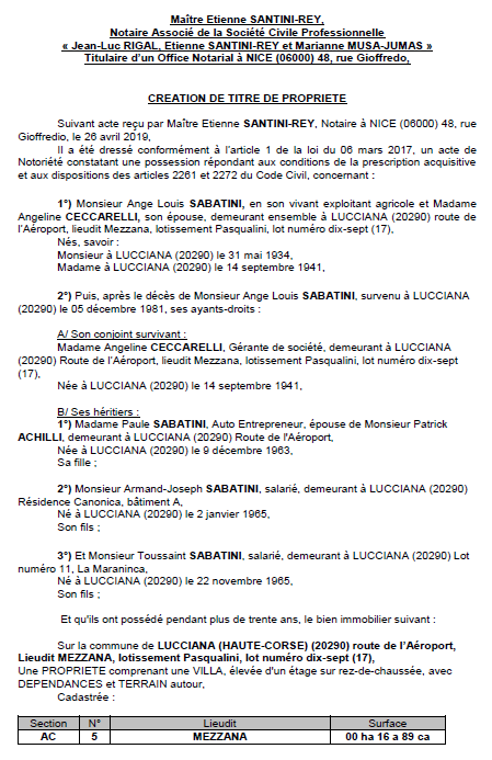 Avis de création de titre de propriété - commune de Zerubia (Corse-du-Sud)