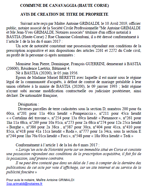 Avis de création de titre de propriété - commune de Canavaggia (Haute-Corse)