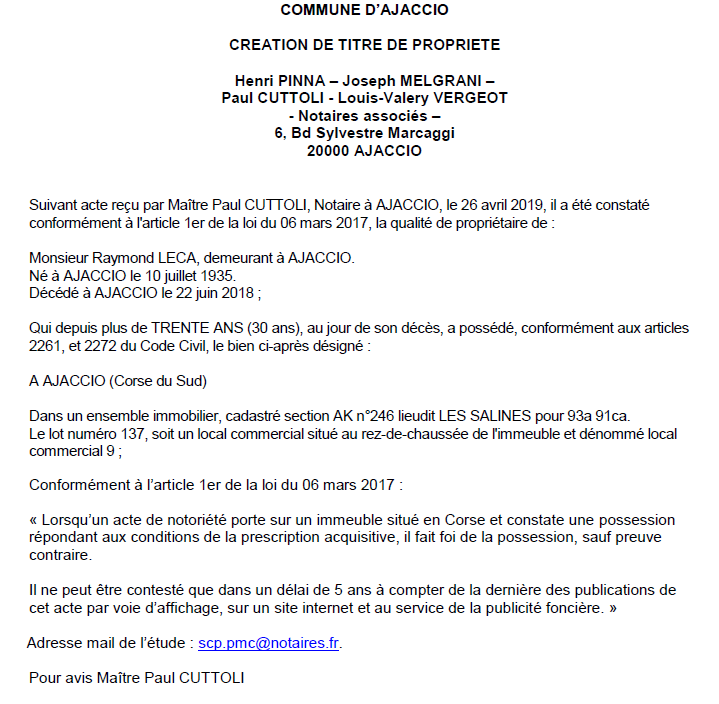 Avis de création de titre de propriété - commune d'Ajaccio (Corse-du-Sud)