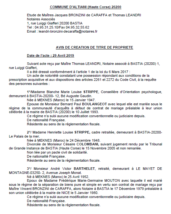 Avis de création de titre de propriété - commune d'Altiani (Haute-Corse)