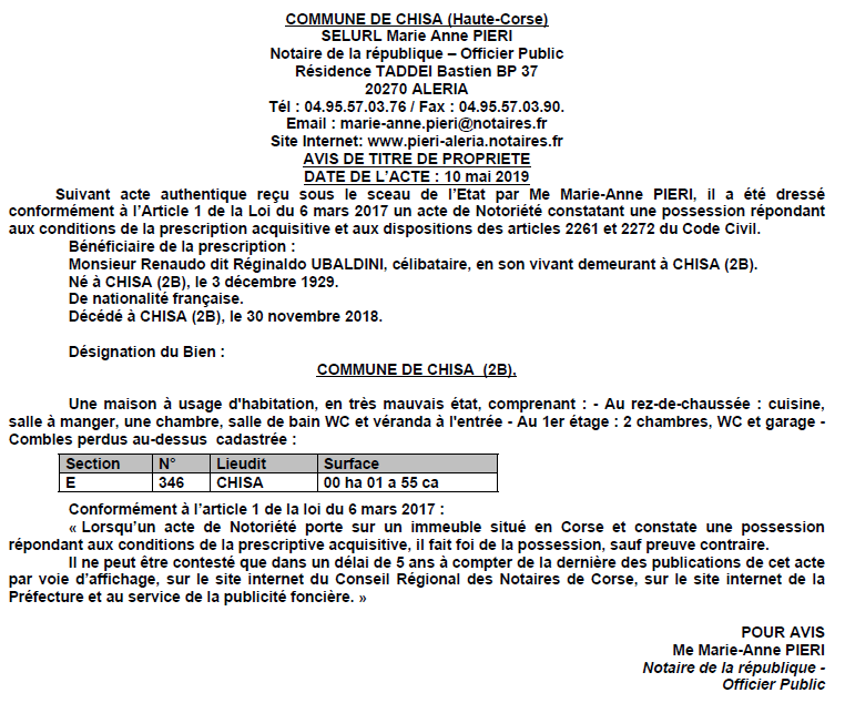 Avis de création de titre de propriété - commune de Chisa (Haute-Corse)