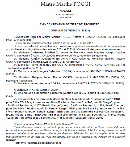 Avis de création de titre de propriété - commune de Venaco (Haute-Corse)
