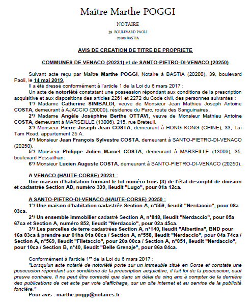 Avis de création de titre de propriété - commune de San-Pietro-di-Venaco (Haute-Corse)