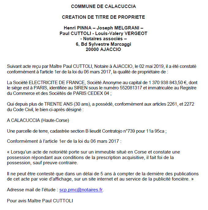 Avis de création de titre de propriété - commune de Calacuccia (Haute-Corse)