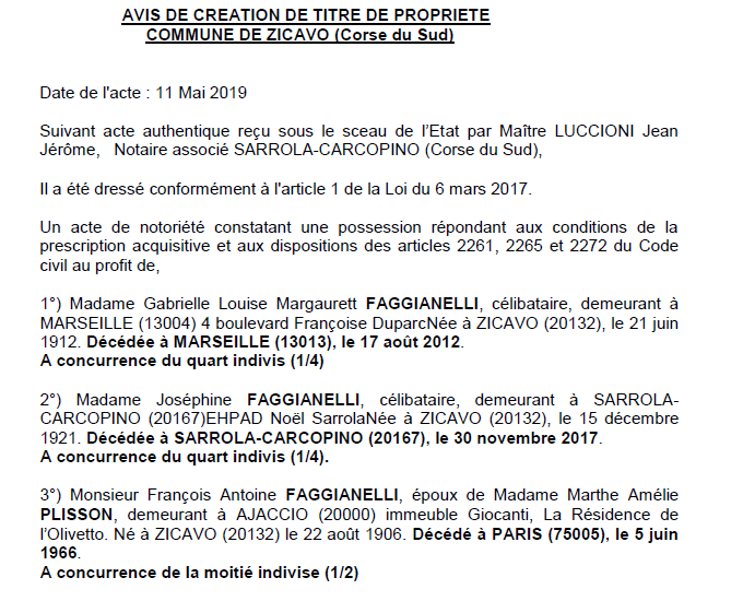 Avis de création de titre de propriété - commune de Zicavo (Corse-du-Sud)