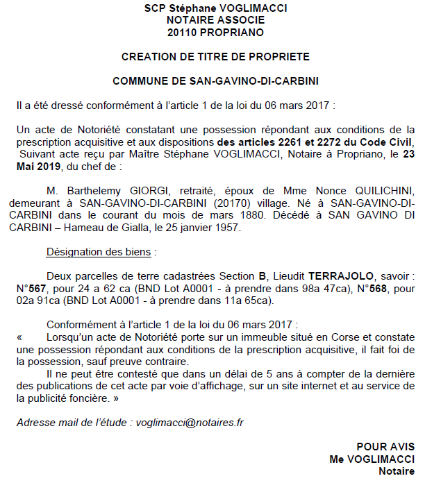 Avis de création de titre de propriété - commune de San Gavinu di Carbinu (Corse-du-Sud)