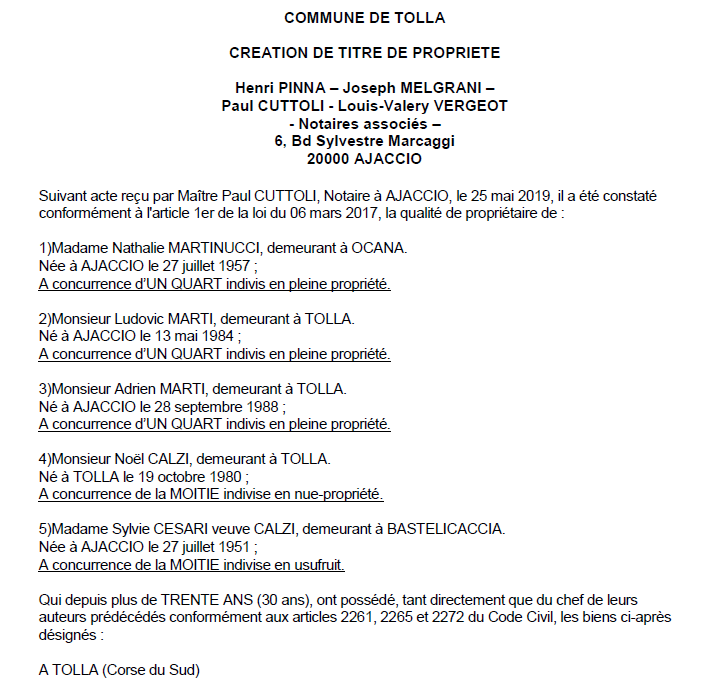 Avis de création de titre de propriété - commune de Tolla (Corse-du-Sud)