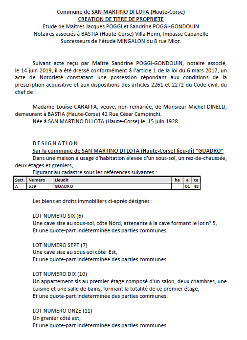 Avis de création de titre de propriété - commune de San-Martino-di-Lota (Haute-Corse)