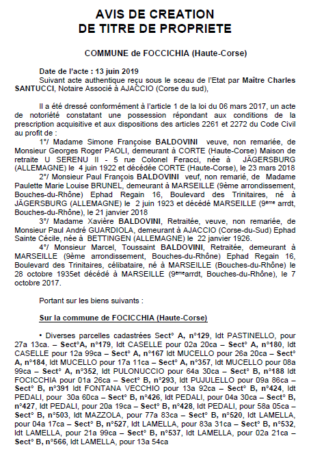Avis de création de titre de propriété - commune de Foccichia (Haute-Corse)