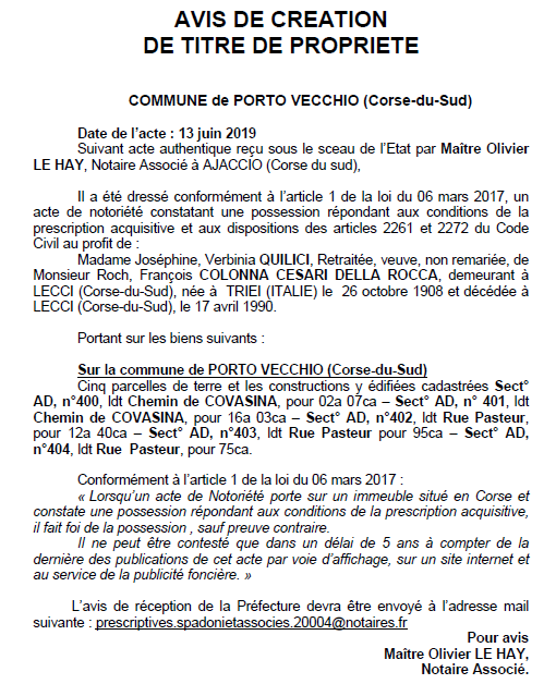 Avis de création de titre de propriété - commune de Porto-Vecchio (Corse-du-Sud)