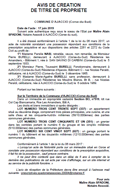 Avis de création de titre de propriété - commune d'Ajaccio (Corse-du-Sud)