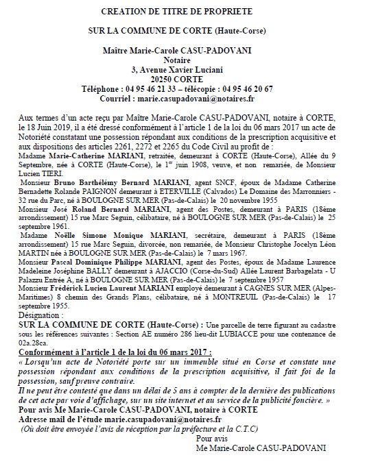 Avis de création de titre de propriété - commune de Corte (Haute-Corse)