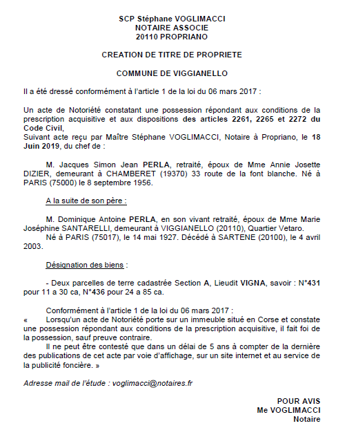 Avis de création de titre de propriété - commune de Propriano (Corse-du-Sud)