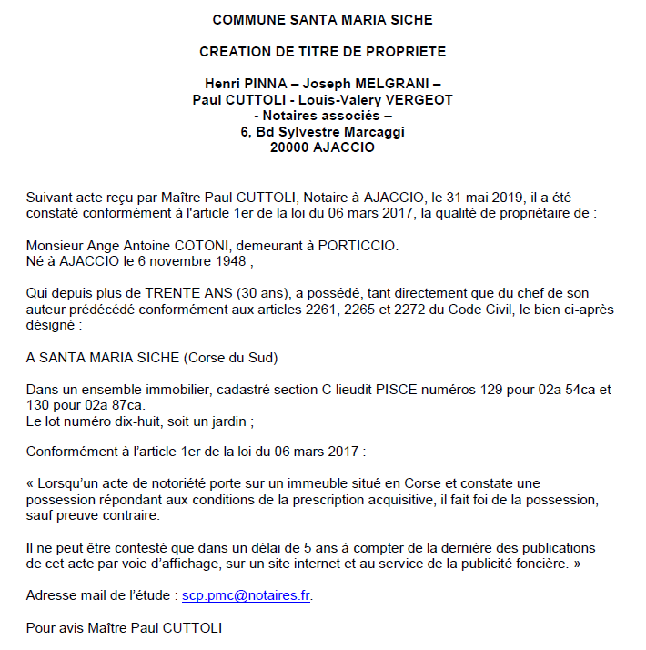 Avis de création de titre de propriété - commune de Santa Maria di Siche (Corse-du-Sud)