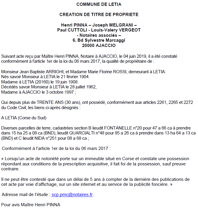 Avis de création de titre de propriété - commune de Letia (Corse-du-Sud)
