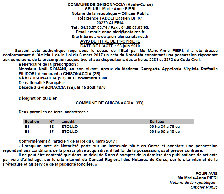 Avis de création de titre de propriété - commune de Ghisonaccia (Haute-Corse)