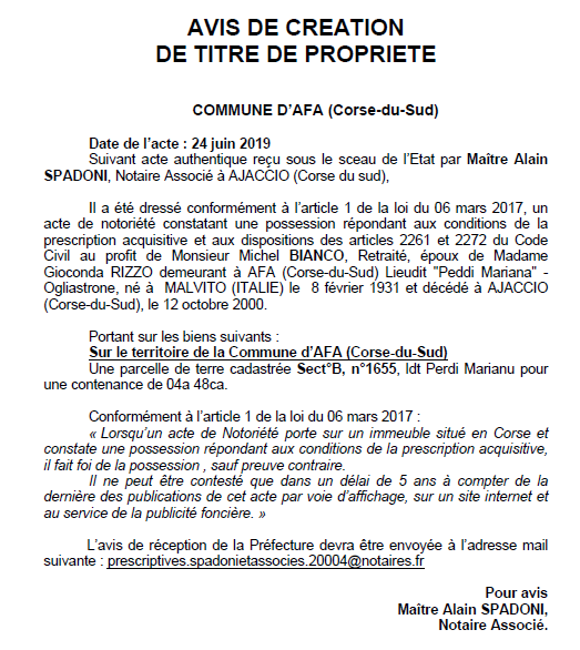 Avis de création de titre de propriété - commune d'Afa (Corse-du-Sud)