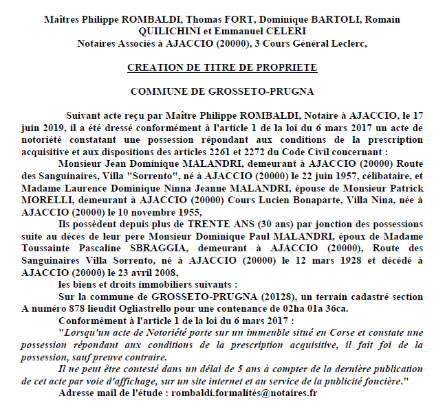 Avis de création de titre de propriété - commune de Grosseto-Prugna (Corse-du-Sud)