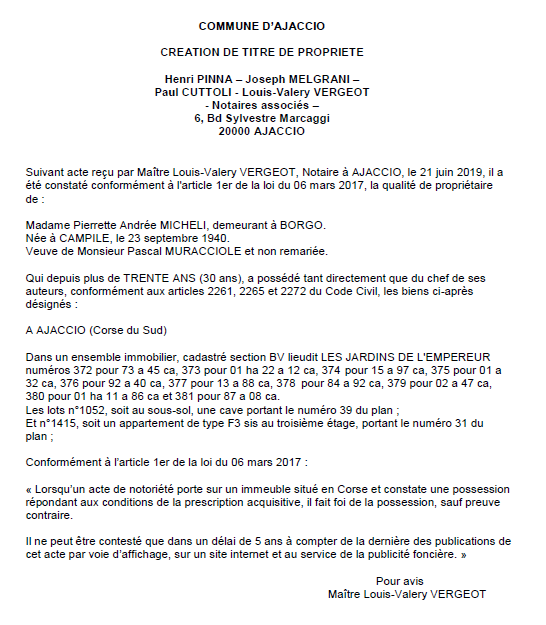 Avis de création de titre de propriété - commune d'Ajaccio (Corse-du-Sud)