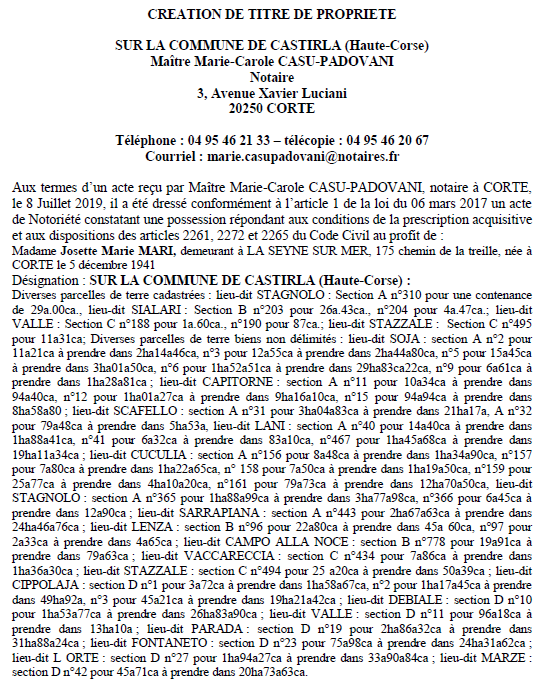 Avis de création de titre de propriété - commune de Castirla (Haute-Corse)