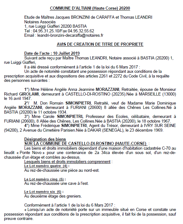 Avis de création de titre de propriété - commune d'Altiani (Haute-Corse)