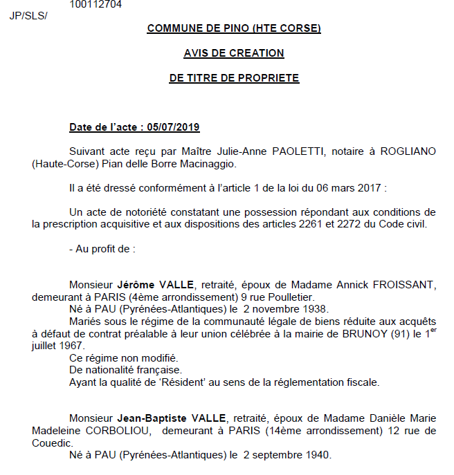 Avis de création de titre de propriété - commune de Pino (Haute-Corse)