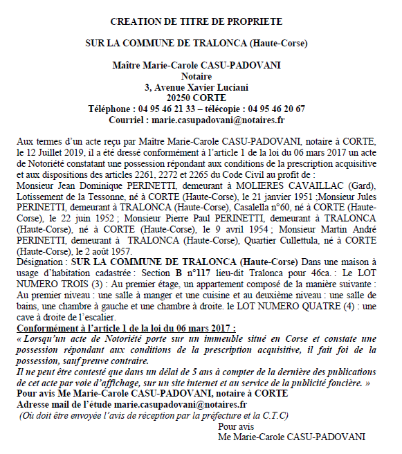 Avis de création de titre de propriété - commune de Tralonca (Haute-Corse)