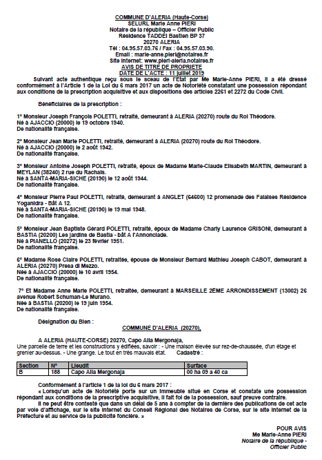 Avis de création de titre de propriété - commune d'Aleria (Haute-Corse)